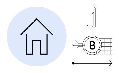 Solda, mavi daire içinde basit bir ev sembolü. Sağda, devreye benzer bir Bitcoin sembolü. Gayrimenkul, kripto para birimi, blok zinciri, teknoloji, emlak yatırımı, dijital için ideal