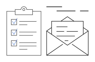 İşaretli bir panonun basit vektör sanatı ve içinde mektup olan bir zarf. Üretkenlik, organizasyon, iletişim, görev yönetimi ve iş akışları için ideal. Minimalist çizgi sanat tarzı