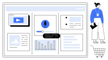 Video oynatma, mikrofon ayarları, grafikler ve bildirimler gibi çeşitli kullanıcı arayüzü ögelerini gösteren dijital bir çalışma alanı. Kullanıcı deneyimi, veri görselleştirme, web geliştirme için ideal