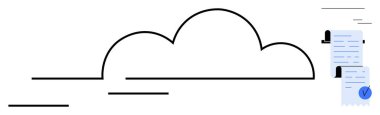 Bulutun basit bir tasarımı bulut hesaplamasını sembolize eder, belgeler ve kontrol listesi elemanları organize, güvenli veri yönetimini gösterir. Teknoloji, güvenlik ve belge yönetimi için ideal