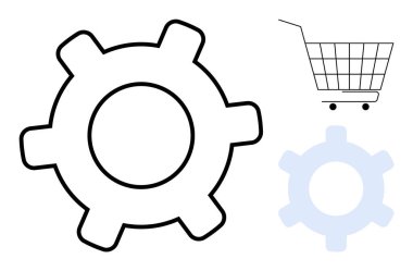 Büyük siyah dişli, açık mavi dişli ve bir alışveriş arabası sembolü. Teknoloji, e-ticaret, online alışveriş, iş operasyonları ve dijital çözümler için ideal. Basit temiz biçim