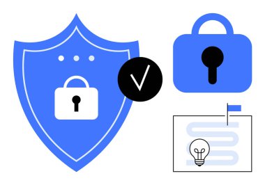Kilitli kalkan, asma kilit, işaretleme ve ampulle plan. Siber güvenlik, veri koruması, teknoloji, güvenlik ve planlama için ideal. Mavi, siyah ve beyaz renkli basit vektör biçimi