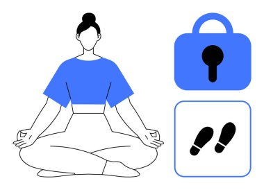 Nilüfer pozisyonunda bir kilit sembolü ve ayak izleriyle meditasyon yapan biri. Meditasyon için ideal, zihinsel sağlık, fiziksel sağlık, güvenlik, mahremiyet. Basit çizgiler modern biçim