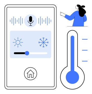 Ses komutu, güneş ve kar ikonları, termostat ve insan ile akıllı sıcaklık kontrol arayüzü. Akıllı evler, enerji verimliliği, modern teknoloji, kullanıcı dostu tasarım, iklim kontrolü için ideal
