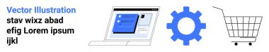 Yazılım arayüzlü dizüstü bilgisayar, mavi dişli ve beyaz arka planda alışveriş arabası. Çevrimiçi alışveriş, web geliştirme, e-ticaret, dijital pazarlama ve teknolojik girişimler için ideal. İniş sayfası için pankart