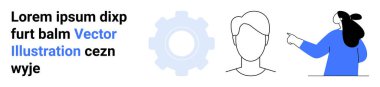 Mavili bir kadın, çarkıfelek ve minimalist çizgi sanatında Lorem ipsum metninin yanında bir adam. İş, takım çalışması, işbirliği, proje yönetimi ve web tasarımı için ideal. İniş sayfası için pankart