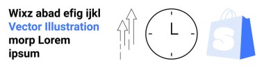Solda siyah bir metin ortada bir saat ve sağda bir alışveriş torbası ve tüm resimlerin etrafında yukarı doğru oklar var. Üretkenlik ekommerce zaman yönetimi iş pazarlaması için idealdir. İniş sayfası
