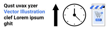 Bir saat ve seyyar bir cihazın üzerindeki online alışveriş arabasının yanında duran ok. E-ticaret, zaman yönetimi, çevrimiçi alışveriş, verimlilik ve iş büyümesi için ideal. İniş sayfası için pankart