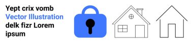 Mavi asma kilit ikonu ve içinde metin olan iki ev taslağı. Ev güvenliği, mülk koruması, emlak, online mahremiyet ve siber güvenlik için ideal. İniş sayfası için pankart