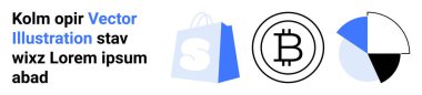 Bir alışveriş çantası, Bitcoin sembolü ve pasta grafiği. Ekommerce, kripto para birimi, veri analizi, finans ve dijital işlem temaları için ideal. İniş sayfası