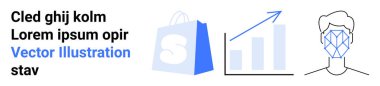 Alışveriş torbası, yukarı doğru oklu bar çizelgesi ve yüz tanıma sistemi olan insan yüzü. E-ticaret, veri analizi, yapay zeka teknolojisi, iş büyümesi, online alışveriş için ideal. İniş sayfası