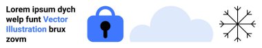Kilit, bulut ve kar tanesi sembolleri güvenlik, bulut deposu ve kışı temsil ediyor. Siber güvenlik, bulut hesaplama, hava durumu uygulamaları, veri koruması ve dijital hizmetler için ideal. İniş afişi