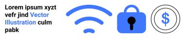 Mavi kablosuz sinyal sembolü kilit simgesi ve yer tutucu metni olan dolar işareti simgesi. Teknoloji güvenliği dijital bağlantıyı ve çevrimiçi işlemleri finanse etmek için ideal. İniş sayfası için pankart