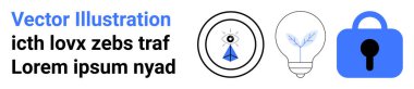Bir ampul ve kilit simgelerinin soyut mavi ve siyah metinlerle gösterilmesi, teknoloji, yenilik, veri güvenliği, yaratıcılık ve dijital çözüm temaları için idealdir. İniş sayfası için pankart