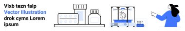 Various laboratory equipment and a scientist pointing at a data chart. Ideal for scientific research, laboratory procedures, educational materials, healthcare studies, and pharmaceutical development clipart