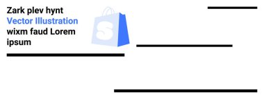 Blue shopping bag with a white S on a partially obscured background accompanied by placeholder text in black and blue. Ideal for e-commerce, online shopping, marketing, promotions clipart