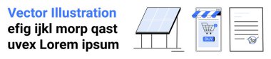 Mavi metin ve yer tutucu metin. Güneş paneli tezgahta. Dükkan önü ve satın alma düğmesi olan mobil ekran. Doğrulanmış rozetli bir belge. Çevrimiçi temiz enerji, e-ticaret, teknoloji için ideal
