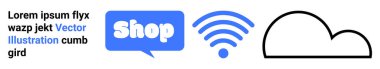 Yer tutucu metin, mavi bir diyalog kutusunda bir dükkan sembolü, bir kablosuz sinyal simgesi ve siyah bir bulut taslağı. E-ticaret, kablosuz teknoloji, bulut hesaplama, internet hizmetleri, dijital