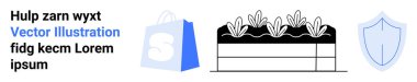 Mağaza logosu olan mavi alışveriş çantası dijital vektörü. Bitkilerle dolu bir bahçe yatağının siyah beyaz grafiği. Güvenlik ya da koruma için mavi kalkan sembolü. E-ticaret ve web sitesi güvenliği için ideal