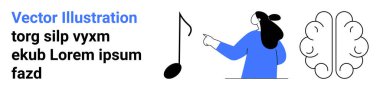 Yaratıcılık nörobilim, müzik eğitimi, akıl sağlığı gibi konular için arka planda beyin çizimi olan siyah bir müzik notasına işaret eden bir kadın. İniş sayfası için pankart