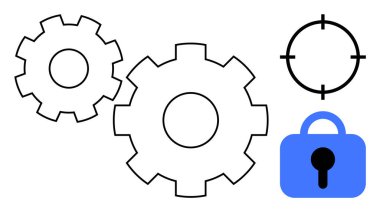 İki vites, bir hedef ve asma kilit güvenlik, hassasiyet ve mühendislik temalarını ön plana çıkarıyor. Teknoloji, siber güvenlik, endüstri, doğruluk ve koruma için ideal. Basit satır sanatı tarzı