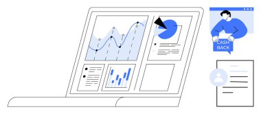 Laptop ekranında çeşitli analitik grafikler, grafikler ve nakit para çekme konsepti var. Veri analizi, finansal raporlar, iş planlaması, pazarlama stratejileri, e-ticaret için ideal. Asgari vektör
