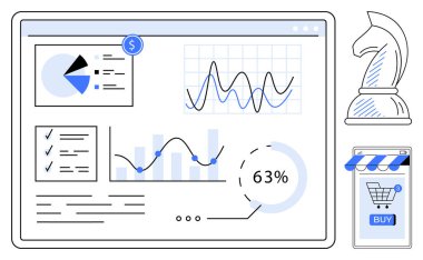 Grafikleri, pasta grafiği, kontrol listeleri,% 63 istatistik ve alışveriş arabası ikonu olan veri analizi paneli. İş stratejisi, pazarlama, veri analizi, e-ticaret ve mali raporlar için ideal