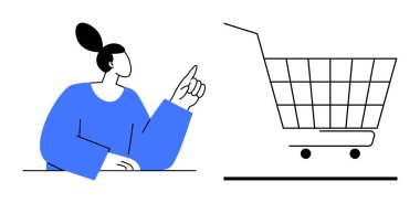 Person in blue outfit gesturing towards a shopping cart. Ideal for e-commerce online shopping retail consumer behavior marketing and digital commerce themes. Simple minimal illustration style clipart