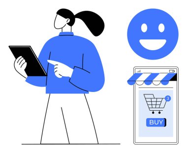 Elinde tablet, gülümseyen yüz simgesi ve dijital mağaza vitrininde elinde satın alma düğmesi olan bir alışveriş arabası olan biri. E-ticaret, dijital perakende, kullanıcı deneyimi, online alışveriş, mobil uygulamalar için ideal. Basit.