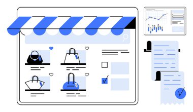 Çevrimiçi mağaza vitrininde el çantaları ve ürün detayları gösteriliyor. Analiz çizelgesi ve makbuzlar da dahil. E-ticaret, çevrimiçi perakende, iş analizleri, dijital pazarlama, müşteri işlemleri için ideal