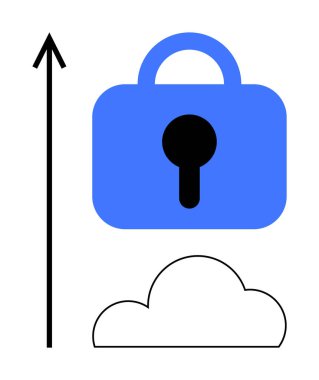 Mavi asma kilit ve yukarı doğru ok ile bulut. Siber güvenlik, veri koruması, bulut depolama, online mahremiyet ve internet güvenliği için ideal. Minimalist vektör biçimi modern teknoloji temalarını betimler