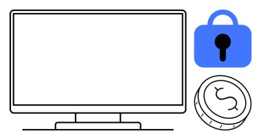 Bilgisayar ekranı, mavi güvenlik kilidi ve para çevrimiçi güvenlik teknolojisini ve dijital iş korumasını simgeliyor. Siber güvenlik, e-ticaret, çevrimiçi bankacılık, dijital işlemler için ideal