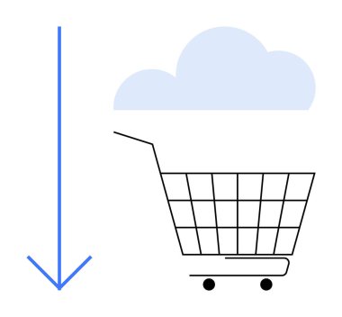 Mavi indirme oku üzerinde açık mavi bir bulut olan siyah bir alışveriş arabasını işaret ediyor. Bulut hesaplama, online alışveriş, dijital indirme, e-ticaret, teknoloji entegrasyonu için ideal. Basit.