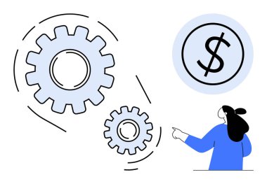 Bir insan dönen dişlilere ve iş kavramlarını vurgulayan bir dolar işaretine işaret eder. İş, finans, süreç optimizasyonu, kurumsal strateji ve üretkenlik temaları için idealdir. Basit vektör biçimi