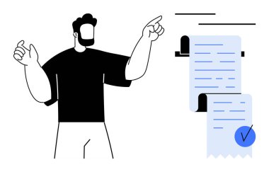 Bir adam onay ya da tamamlanma işareti olan uzun bir belgeyi işaret eder. İş, planlama, organizasyon, belgeleme ve görev yönetimi için ideal. Düz vektör biçimi