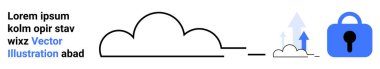 Kilit simgesi ve veri okları olan bir bulut çizgisi. Veri güvenliği, bulut depolama, şifreleme, çevrimiçi koruma ve teknoloji hizmetleri için ideal. İniş sayfası