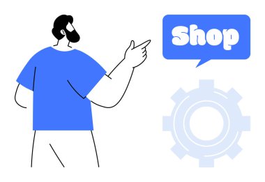 Arka planda vites sembolü olan bir dükkan tabelasına bakan adam. E-ticaret, çevrimiçi alışveriş, perakende satış, pazarlama ve iş promosyonları için ideal. Minimalist vektör biçimi