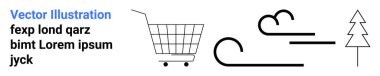 Alış veriş arabası, girdap çizgileri ve basit bir ağaç gibi soyut öğeler. Pazarlama, e-ticaret, doğa temaları, online alışveriş, minimal tasarım için ideal. İniş sayfası