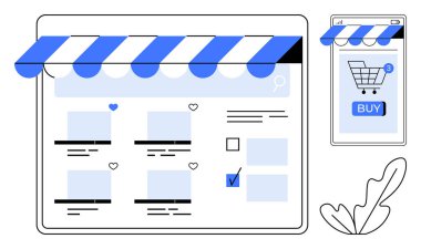 Hem internet hem de mobil ekranlarda dijital mağaza arayüzü. Çevrimiçi alışveriş, e-ticaret, mobil ticaret, kullanıcı deneyimi tasarımı ve dijital pazarlama için ideal. Düz vektör biçimi