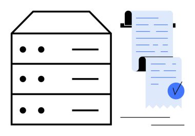 Üç çekmeceli sunucu ve sağ tarafında mavi işaretli iki belge. Veri yönetimi, dokümantasyon, doğrulama, sunucu depolama ve düzenli kayıt tutma için ideal. Minimalist
