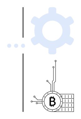 Devre hatlarıyla bağlantılı bitcoin logosu, büyük teknoloji donanımı, ve minimalist tarzda nokta elementler. Dijital para birimi, engelleme teknolojisi, finansal teknoloji, kripto para birimi için ideal