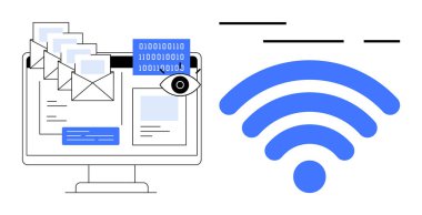 E- postaları gösteren bir bilgisayar ekranı, ikili kod ve mavi kablosuz bir sembolün yanında bir gözetleme göz simgesi. Siber güvenlik, veri koruması, dijital iletişim ve internet güvenliği için ideal