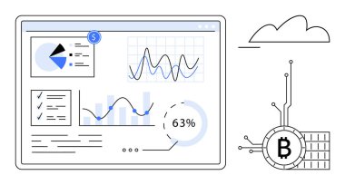 Finansal bir gösterge paneli çeşitli veri analizleri içerir. Buluta bağlı engelleme sembollü grafikler, grafikler, yüzdeler. Mali veriler, ticaret, teknoloji, engelleme zinciri ve iş için ideal