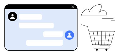 Tekerlekli alışveriş arabasının yanında kullanıcı simgeleri olan sohbet penceresi. Çevrimiçi alışveriş, e-ticaret, müşteri desteği, dijital iletişim, perakende web siteleri için ideal. Basit modern biçim