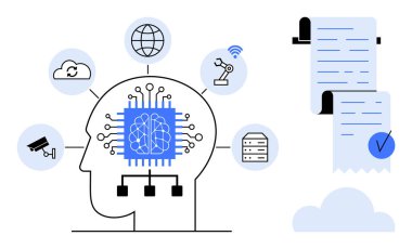 Yapay zekayı sembolize eden merkezi işlemci çipli bir insan kafasının diyagramı, yapay zekaları temsil eden simgelerle çevrili. Teknoloji, otomasyon, yapay zeka, makine için ideal