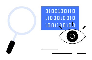 Gözün yanındaki büyüteç mavi dikdörtgen koduna bakıyor. Temalar için ideal, yapay zeka kodlaması siber güvenlik ve görsel denetim mavi beyaz ve siyah.