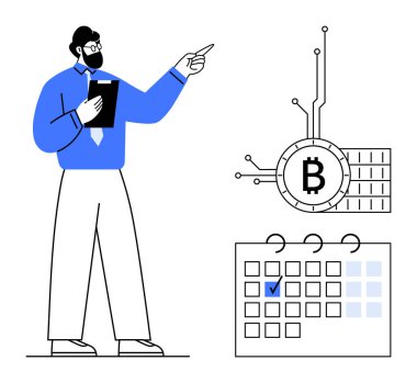 Elinde bir pano tutan işadamı dijital elementlerle bağlantılı bir Bitcoin sembolüne işaret ediyor. İşaretli tarihli bir takvim görünür. Kripto para birimi, finansal planlama, engelleme zinciri, iş için ideal