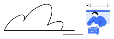 Tarayıcı penceresi ve kalem ikonu içinde nakit para levhası tutan birinin yanında bulut çizgisi. Pazarlama teknolojisi için ideal nakit nakdi tanıtımları grafik tasarımı. Temiz modern minimalist