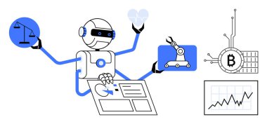 Çeşitli unsurlarla hokkabazlık yapan stilize bir robot yapay zeka, teknoloji, hukuk, tıp, robot bilimi ve finansmanı temsil eder. Teknolojik gelişmeler, yapay zeka entegrasyonu, otomasyon, engelleme zinciri ve gelecek için ideal