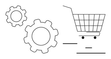 Basit sanat eserlerinde alışveriş arabası ve vites sembolleri. E-ticaret, otomasyon, perakende yönetimi, verimlilik ve teknoloji için ideal. Temiz ve modern görsel stil